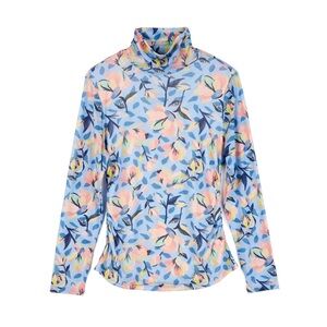 HFR x Undra Celeste Gathered Mesh Turtleneck Blue Floral Top size 1X Long Sleeve